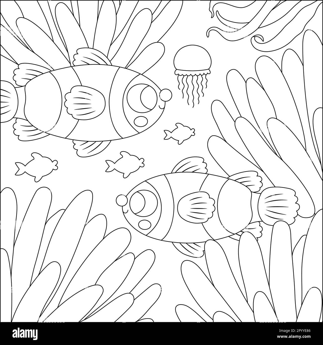 Immagine vettoriale in bianco e nero sotto il mare con pesci pagliaccio e actinia. Scene di vita oceanica con sabbia, alghe, coralli, barriere coralline. Taglia Illustrazione Vettoriale