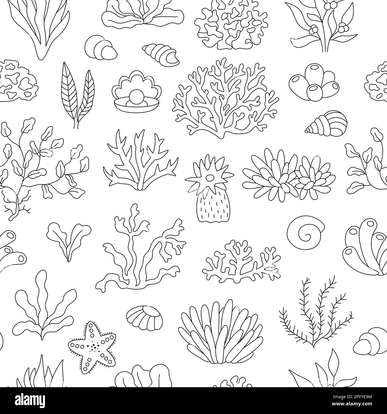 Motivo vettoriale bianco e nero senza cuciture con alghe. Sotto la linea del mare, ripetere lo sfondo o la pagina da colorare con coralli, actinia, conchiglie, perle. O Illustrazione Vettoriale