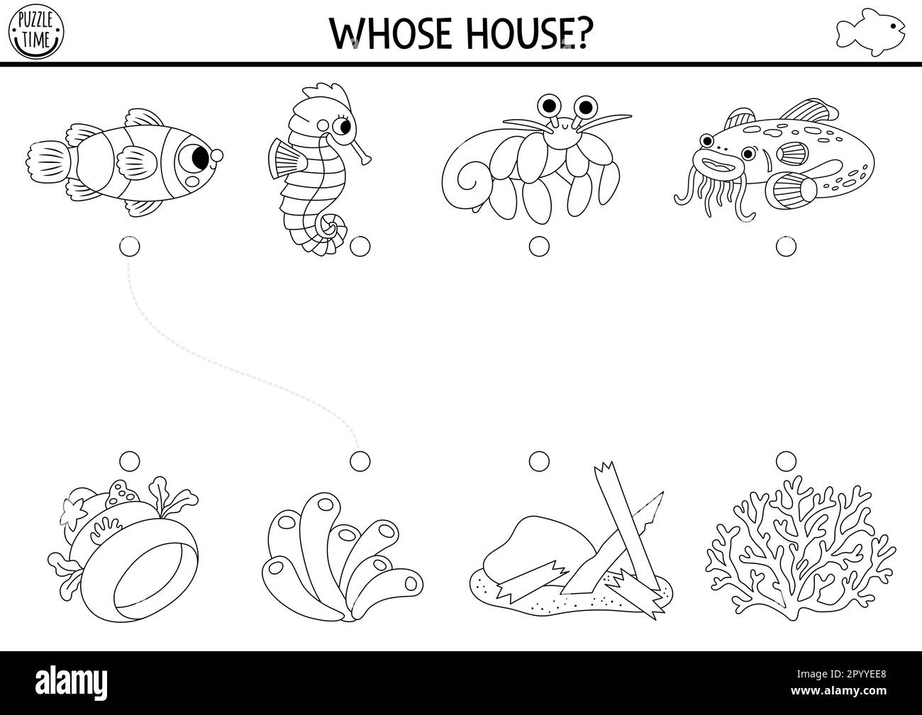 Sotto il mare bianco e nero attività di abbinamento con pesci carini e case. Puzzle linea acqua con pesce pagliaccio, cavalluccio marino, pesce gatto. Partita di oggetti. PR Illustrazione Vettoriale
