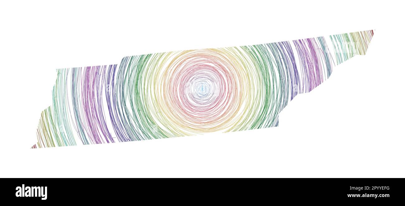 Mappa del Tennessee piena di cerchi concentrici. Cerchi di stile dello schizzo nella forma dello stato statunitense. Illustrazione vettoriale. Illustrazione Vettoriale