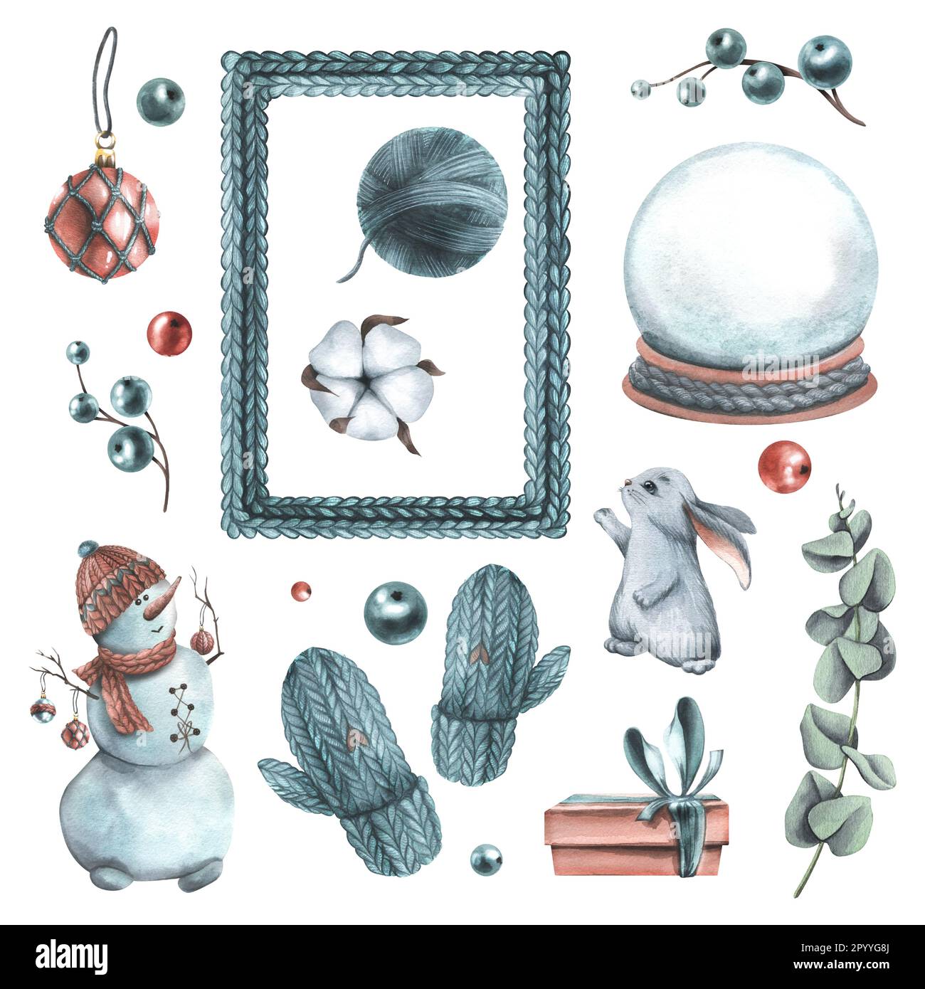 Set di elementi natalizi con giocattoli, regali, pupazzo di neve e coniglietto. Illustrazione acquerello, disegnata a mano. Oggetti isolati su sfondo bianco. Per Foto Stock