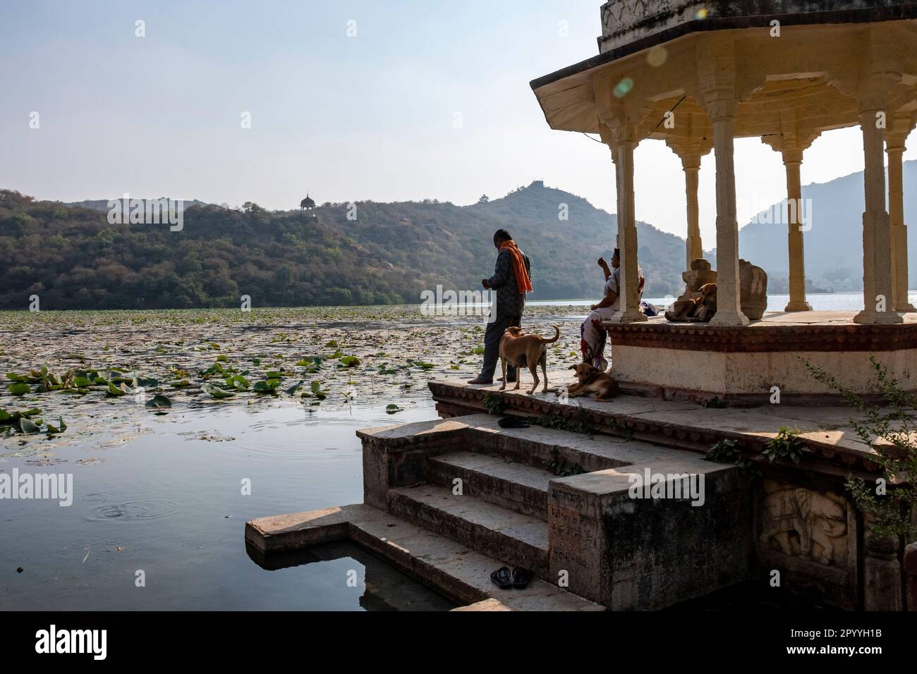 Un uomo nutre i pesci al lago Jait Sagar, Bundi, Rajasthan, India Foto Stock