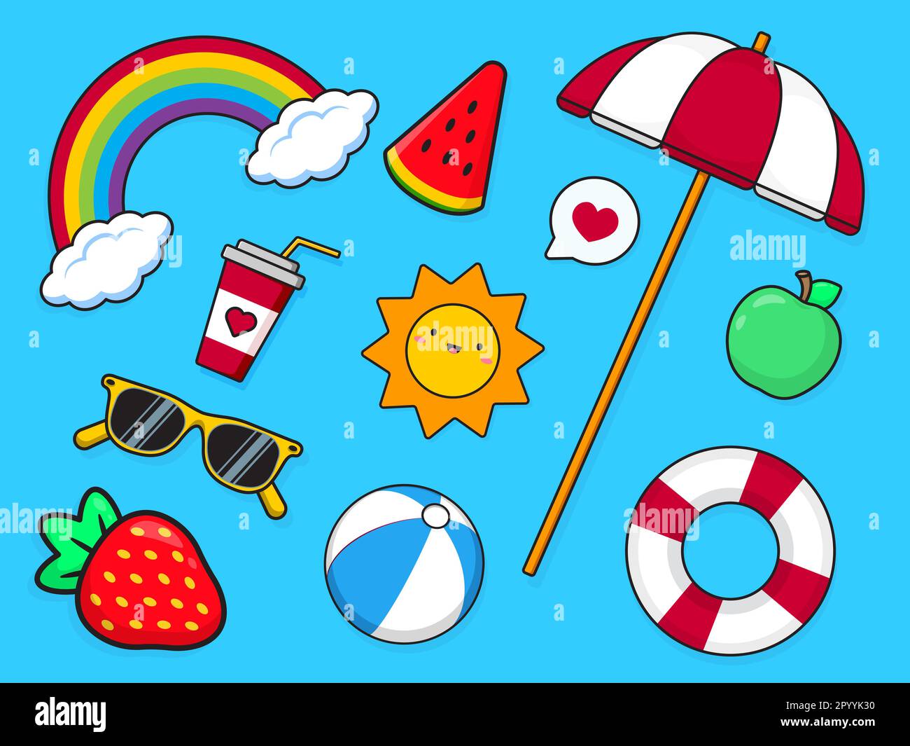 Set estivo. Sole e arcobaleno. Ombrellone e occhiali da sole. Cocomero e un bicchiere di bevanda. Fragola, mela e palla da spiaggia. Clipart del vettore. Illustrazione vettoriale. Illustrazione vettoriale Illustrazione Vettoriale