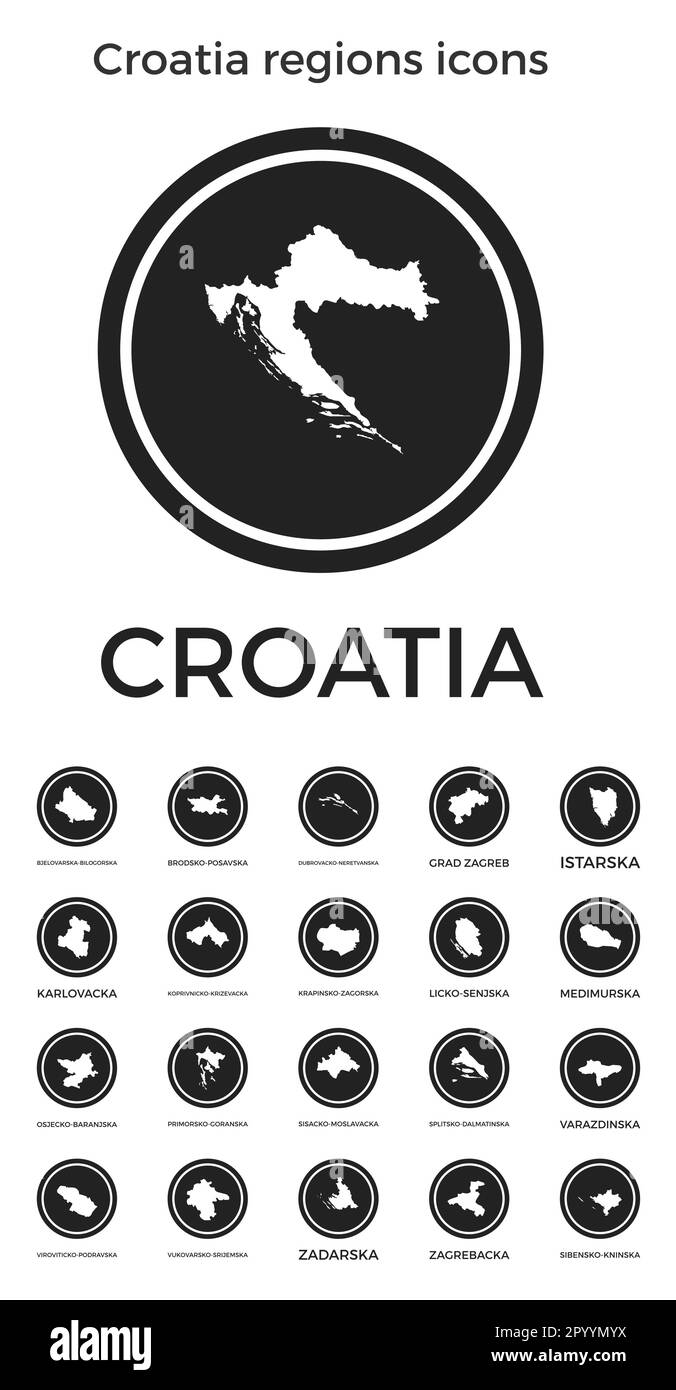 Icone delle regioni della Croazia. Logo tondi neri con mappe e titoli delle regioni dei paesi. Illustrazione vettoriale. Illustrazione Vettoriale