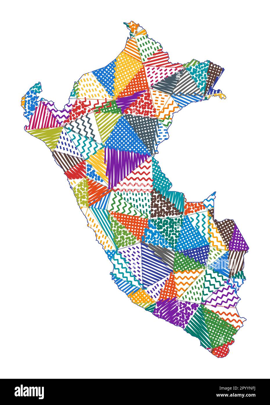 Mappa in stile capretto del Perù. Poligoni disegnati a mano a forma di Perù. Illustrazione vettoriale. Illustrazione Vettoriale