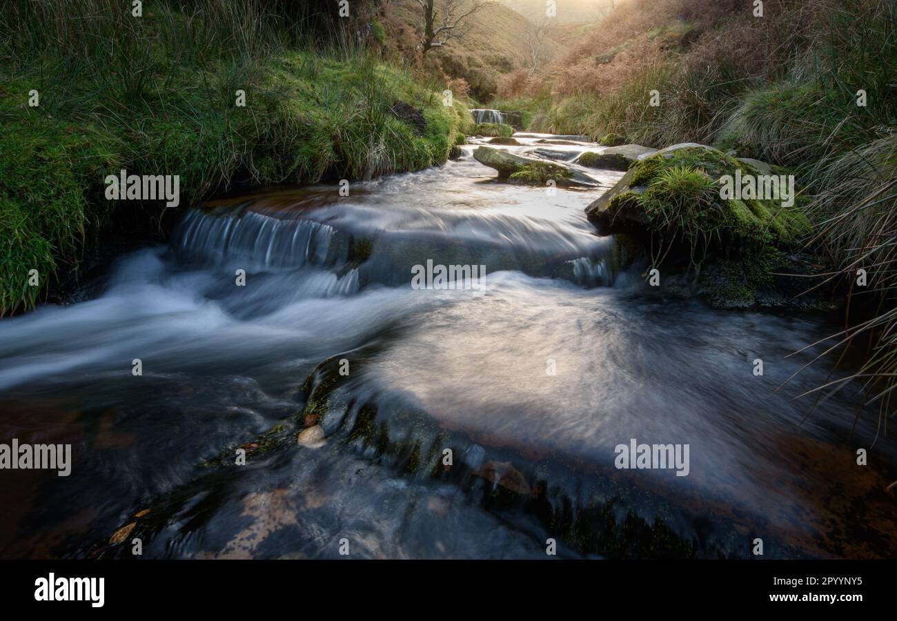 Un flusso che fluisce oltre il gritstone rocce di una piccola cascata visto da sopra, Kinder Scout, Derbyshire, Peak District, England, Regno Unito Foto Stock