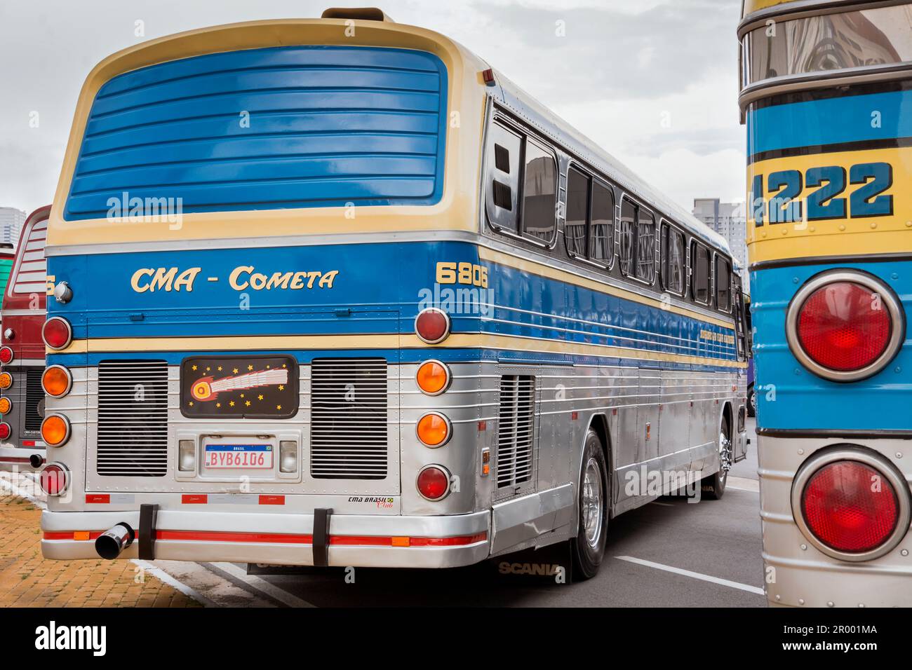 Bus vehicle CMA Flecha Azul III Scania K113CL 1994, in mostra al Bus Brasil Fest 2022, che si tiene nella città di Barueri, Brasile. Foto Stock