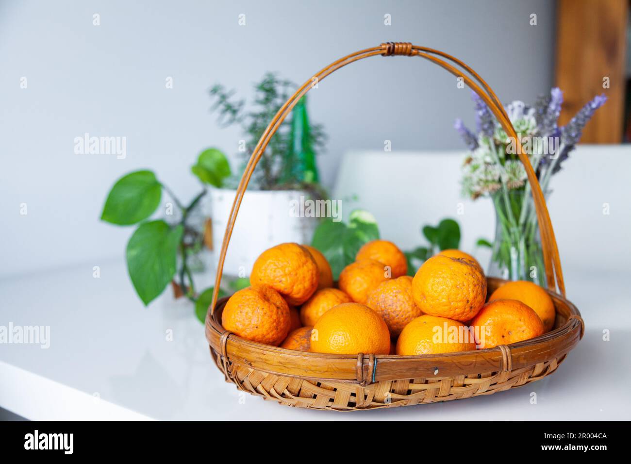 Mandarini maturi che riempiono il cestino di frutta sul tavolo nella sala da pranzo con fiori primaverili e piante dietro Foto Stock