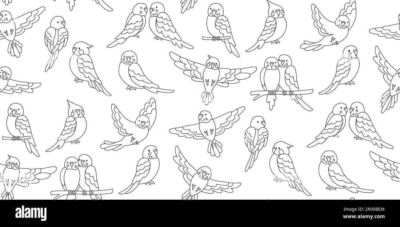 Flying Parrot tropicale contorno doodle senza cuciture modello. Uccelli esotici ripetizione linea ornamento sfondo. Estate divertente disegno pappagalli carta da parati tessuto, confezione infinita, sconfinato vettore decorazione Illustrazione Vettoriale