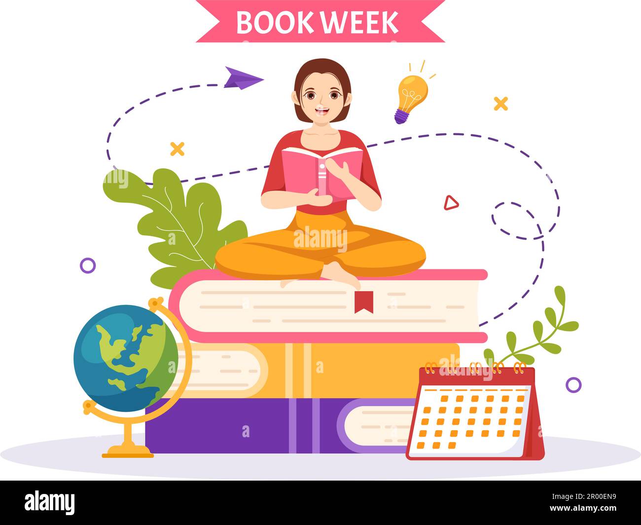 Eventi della settimana del libro Illustrazione vettoriale con le persone che leggono o studenti Studia i libri di testo in Cartoon piano modelli di landing page disegnati a mano Illustrazione Vettoriale