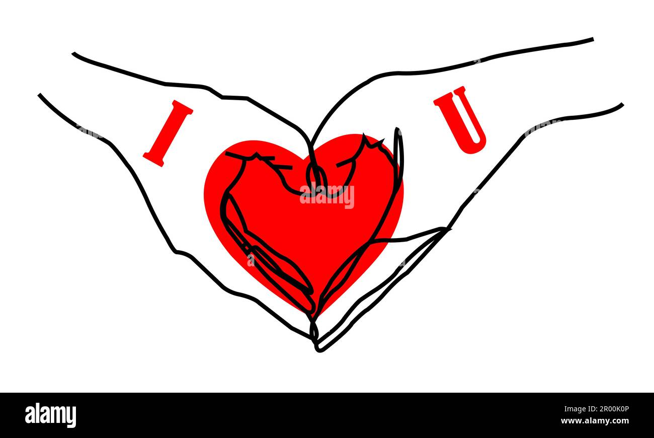 Due mani in forma di simbolo d'amore su sfondo bianco. Emozioni positive nel giorno di San Valentino. Foto Stock