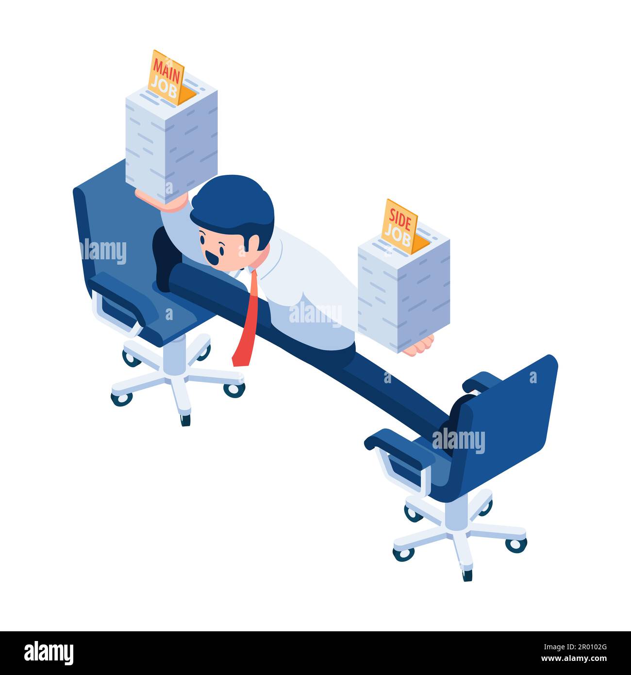 Appartamento 3D Isometrica uomo d'affari bilanciamento tra lavoro principale e laterale. Concetto principale aziendale e lavoro extra. Illustrazione Vettoriale