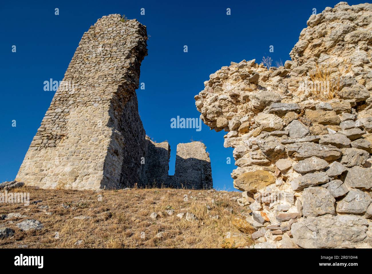 restos del castillo y el recinto amurallado, Cabrejas del Pinar, Soria, Comunidad Autónoma de Castilla, Spagna, Europa Foto Stock