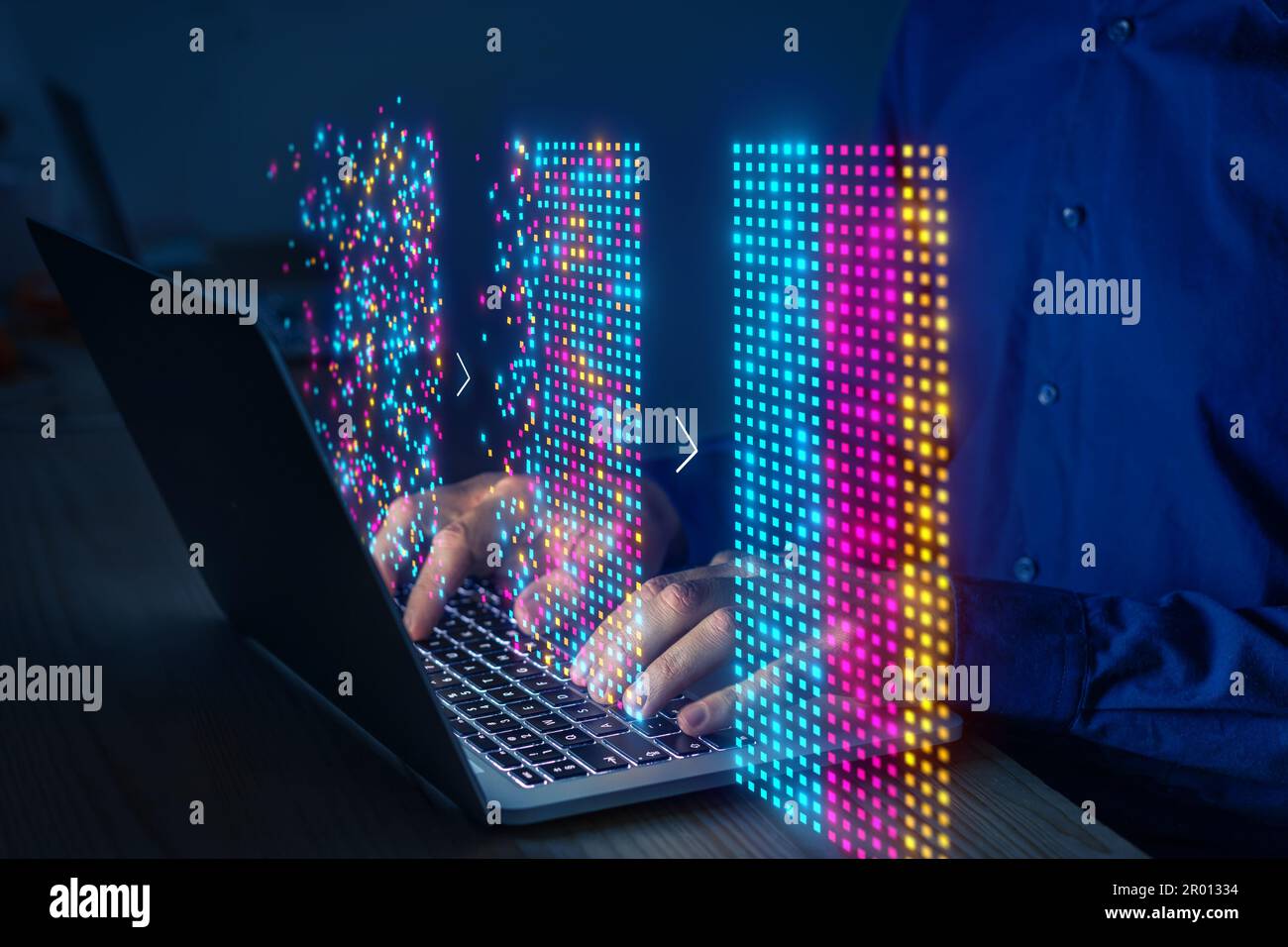 I big data vengono analizzati con la tecnologia di intelligenza artificiale per l'analisi aziendale. Ottenere informazioni dettagliate dal data mining, dal filtraggio, dall'ordinamento e dal clustering. Scienziato dei dati che lavora Foto Stock