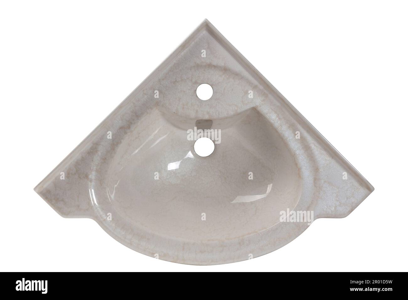 Lavabo ad angolo in acrilico con una texture che imita il marmo. Isolato su sfondo bianco. Vista dall'alto. Foto Stock
