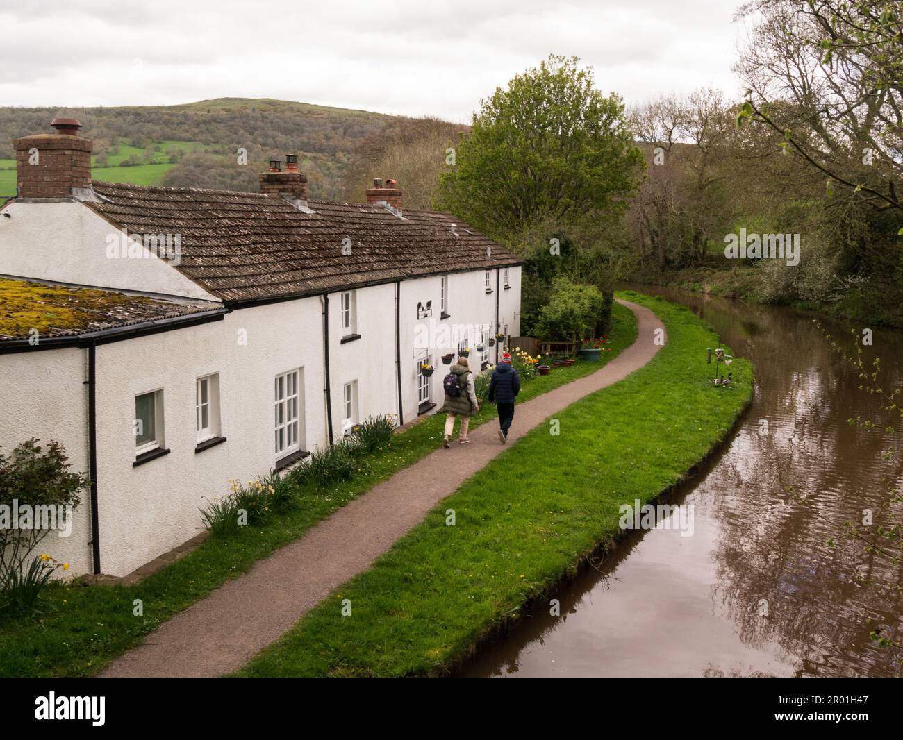 Vista dal ponte sul canale all'alzaia che cammina per uomo e donna di fronte a una bella fila di cottage imbiancati a lato del Monmouthshire e Brecon Can Foto Stock