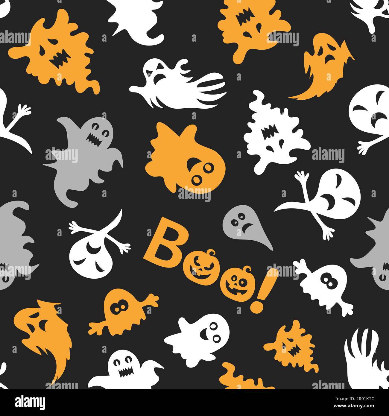 Pattern vettoriale senza cuciture per il design di Halloween. Simboli di Halloween: fantasma, zucca in stile cartoon. Illustrazione vettoriale Illustrazione Vettoriale