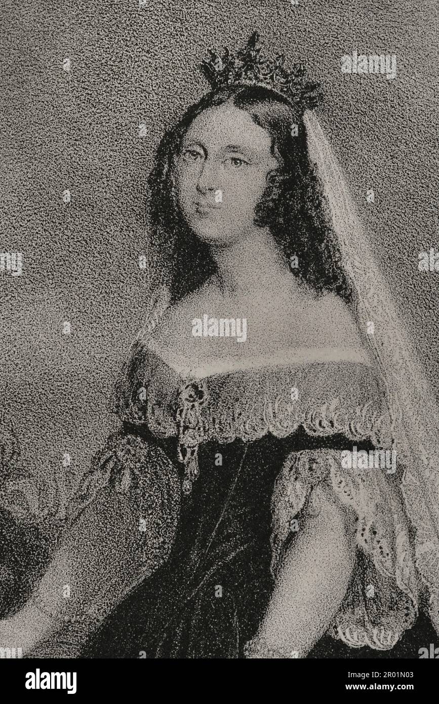 Sophie di Württemberg (1818-1877). Regina dei Paesi Bassi (1849-1877) e Granduchessa di Lussemburgo. Prima moglie del re Guglielmo III dei Paesi Bassi. Verticale. Disegno di A. Cortés y Vallejo. Litografia di J.J. Martinez. Dettaglio. Reyes Contemporáneos. Volume I. Pubblicato a Madrid, 1855. Autore: J. Martinez. Litografo spagnolo del 19th° secolo. Foto Stock