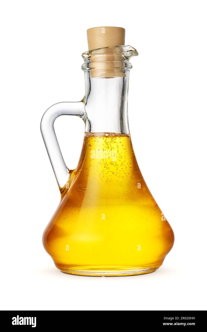 Olio di girasole non raffinato in bottiglia di vetro o contenitore con sughero isolato su fondo bianco. Foto Stock