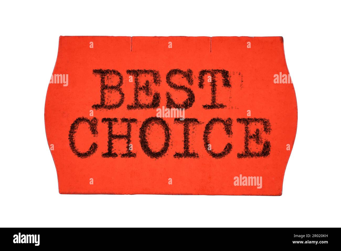 La scelta migliore è stampata con il carattere della macchina da scrivere su un adesivo rosso con etichetta del prezzo isolato su sfondo bianco Foto Stock