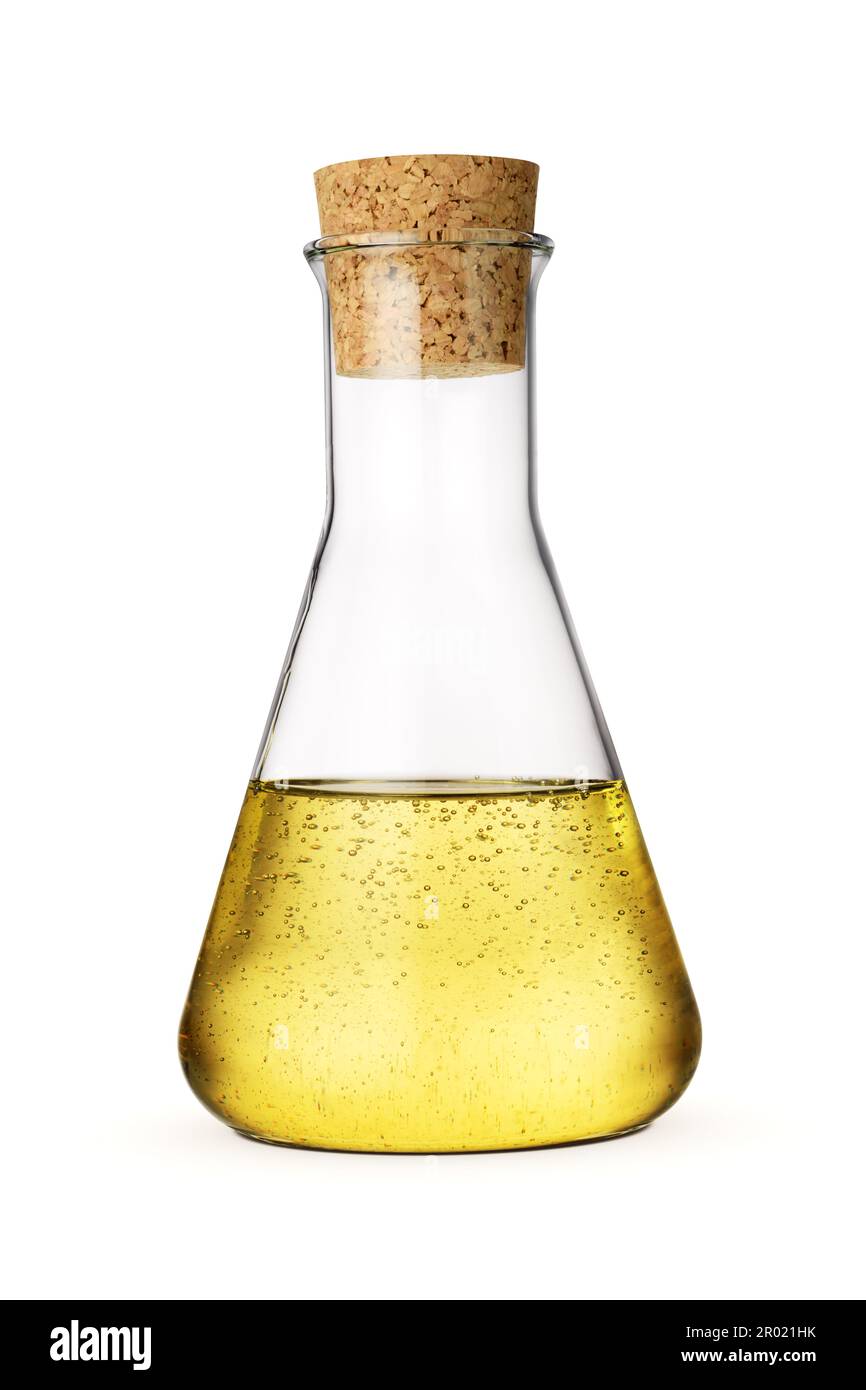 Olio di girasole raffinato in vaso di vetro o contenitore con sughero isolato su fondo bianco. Foto Stock