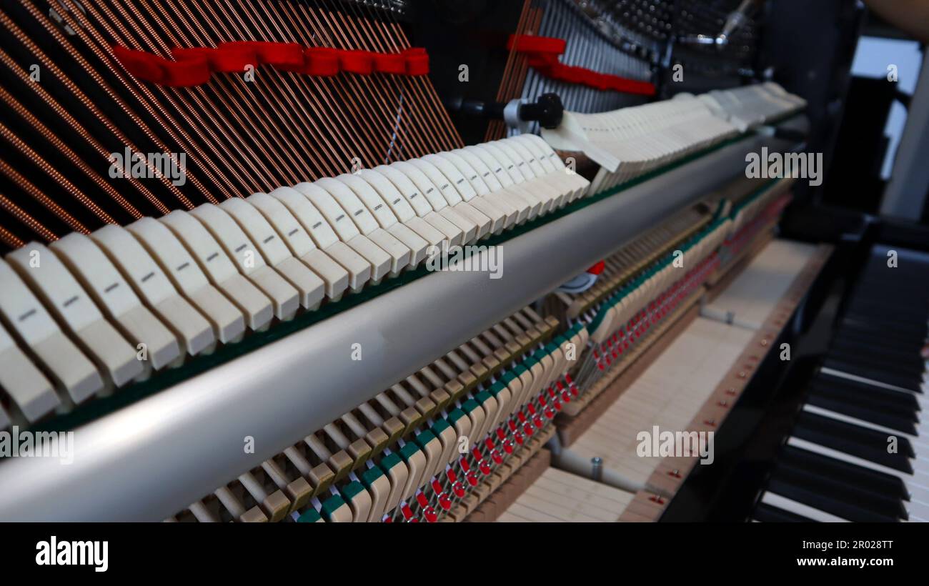 Un primo piano del particolare interno di un pianoforte Foto Stock