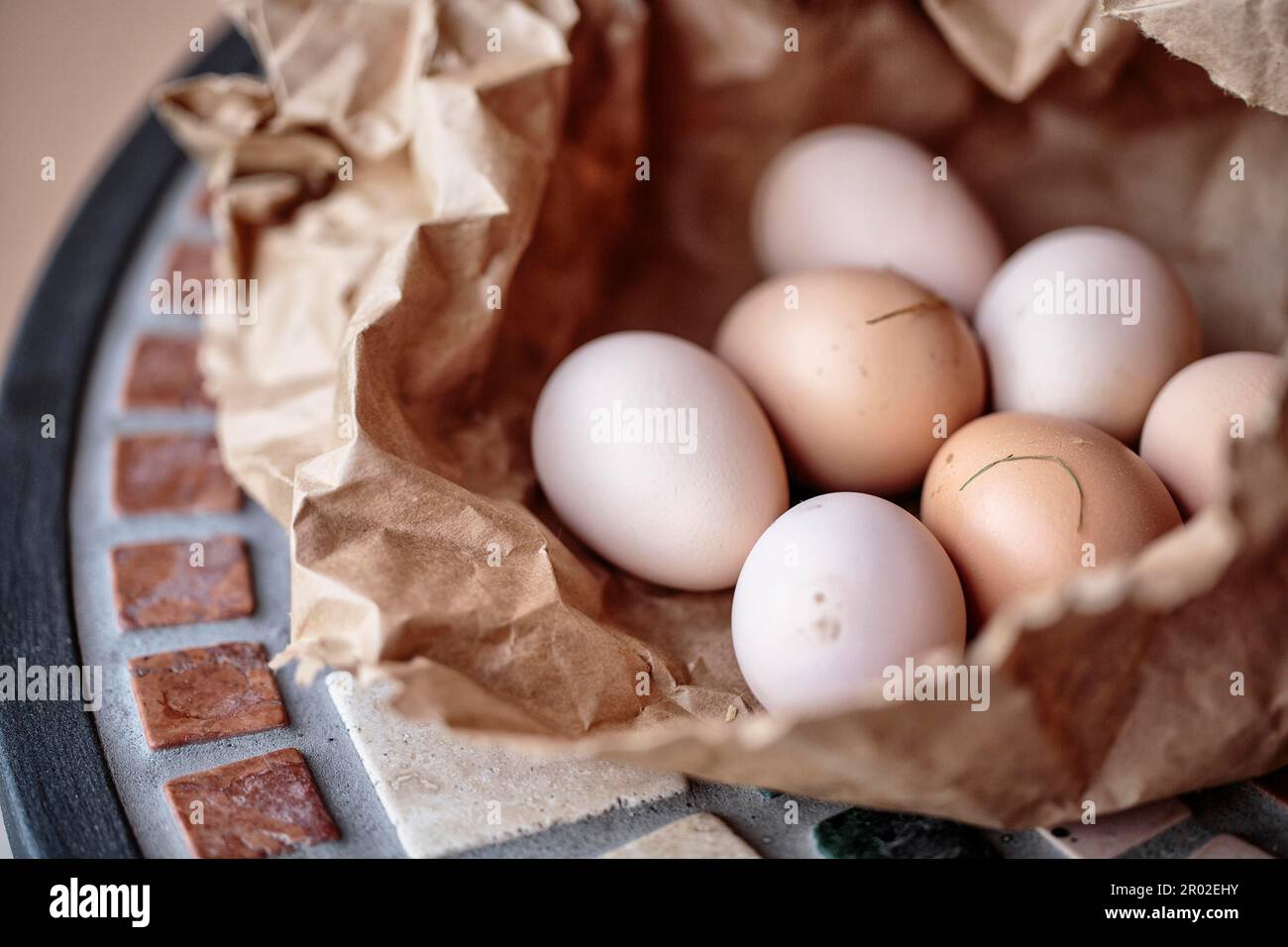 Uova di pollo raccolte di recente dai nidi nel henhouse Foto Stock