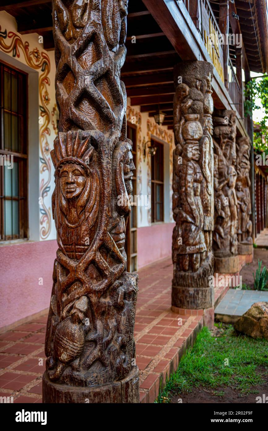 Bella lavorazione del legno, sito UNESCO Missioni gesuite di Chiquitos, Bolivia Foto Stock