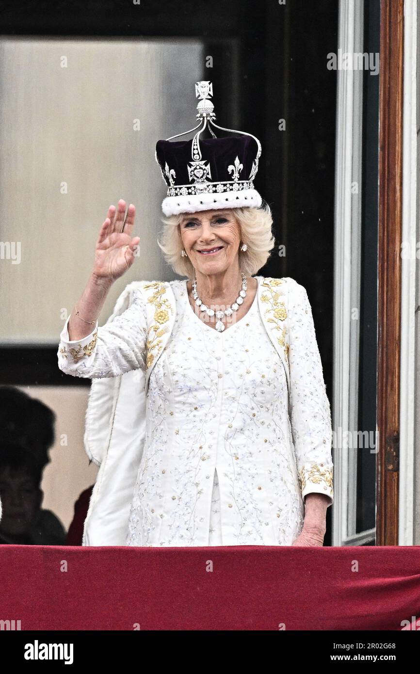 Londra, Regno Unito. 06th maggio, 2023. Regina Camilla sul balcone di Buckingham Palace, Londra, dopo l'incoronazione. Regno Unito, il 6 maggio 2023. Photo by David Niviere/ABACAPRESS.COM Credit: Abaca Press/Alamy Live News Foto Stock