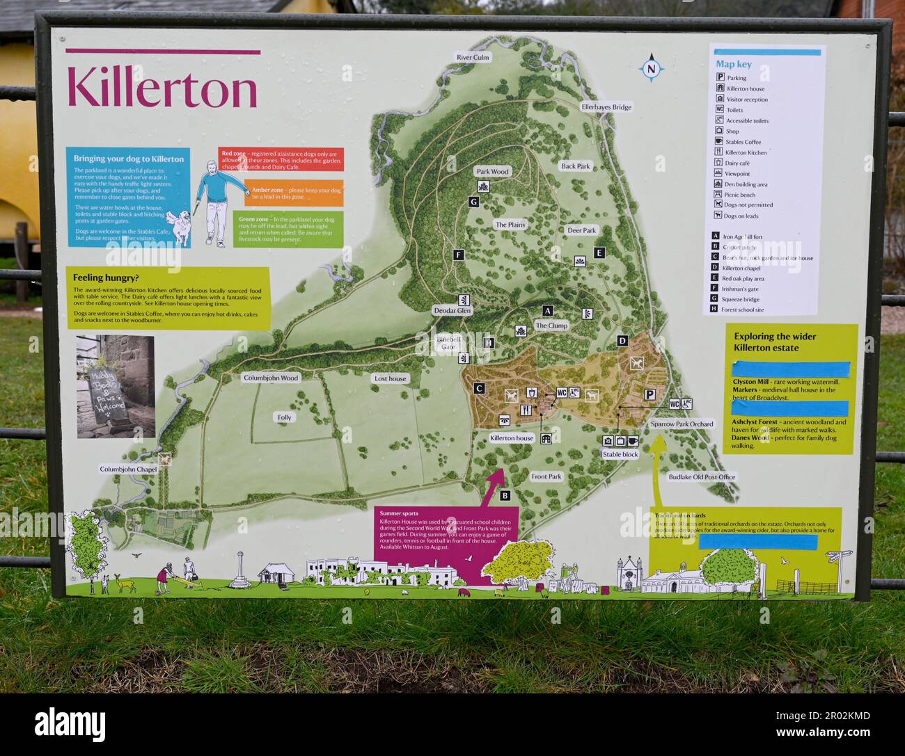 Killerton House, una casa del XVIII secolo a Broadclyst, Exeter, Devon, Inghilterra, Regno Unito - cartello turistico. Foto Stock