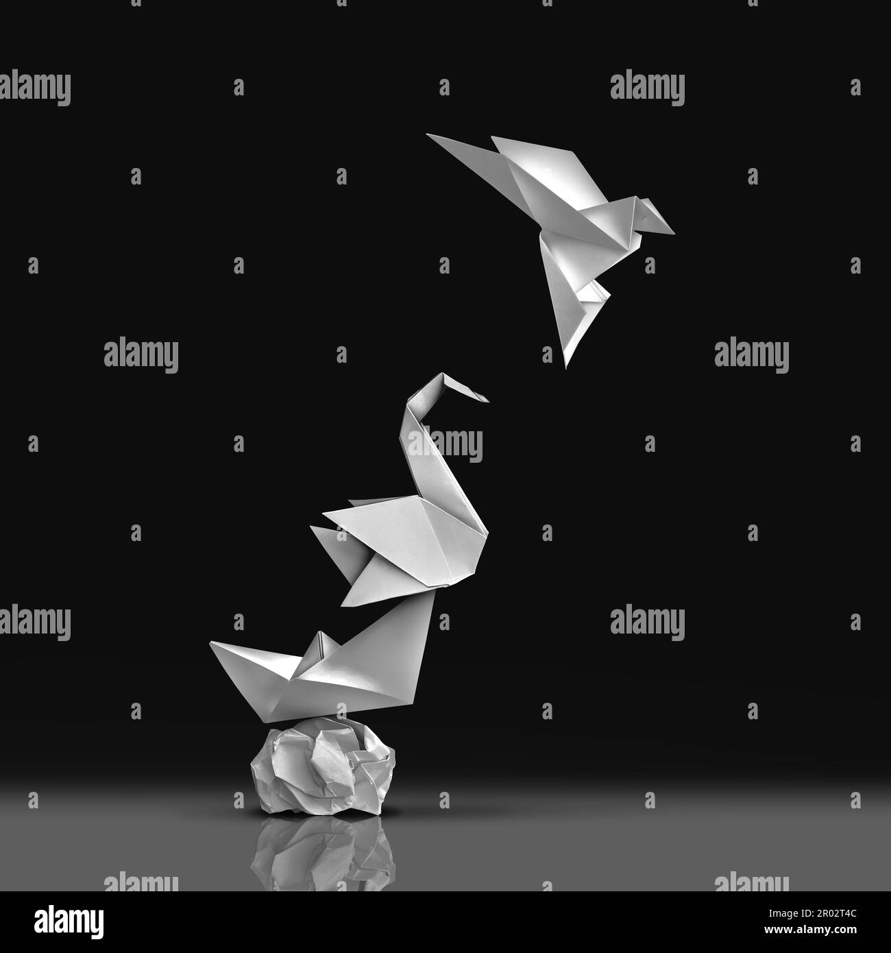 Perseguire l'Eccellenza e aspirare alla grandezza o arrampicarsi sul concetto superiore e avanzare a nuove altezze metafora come sculture di carta origami Foto Stock