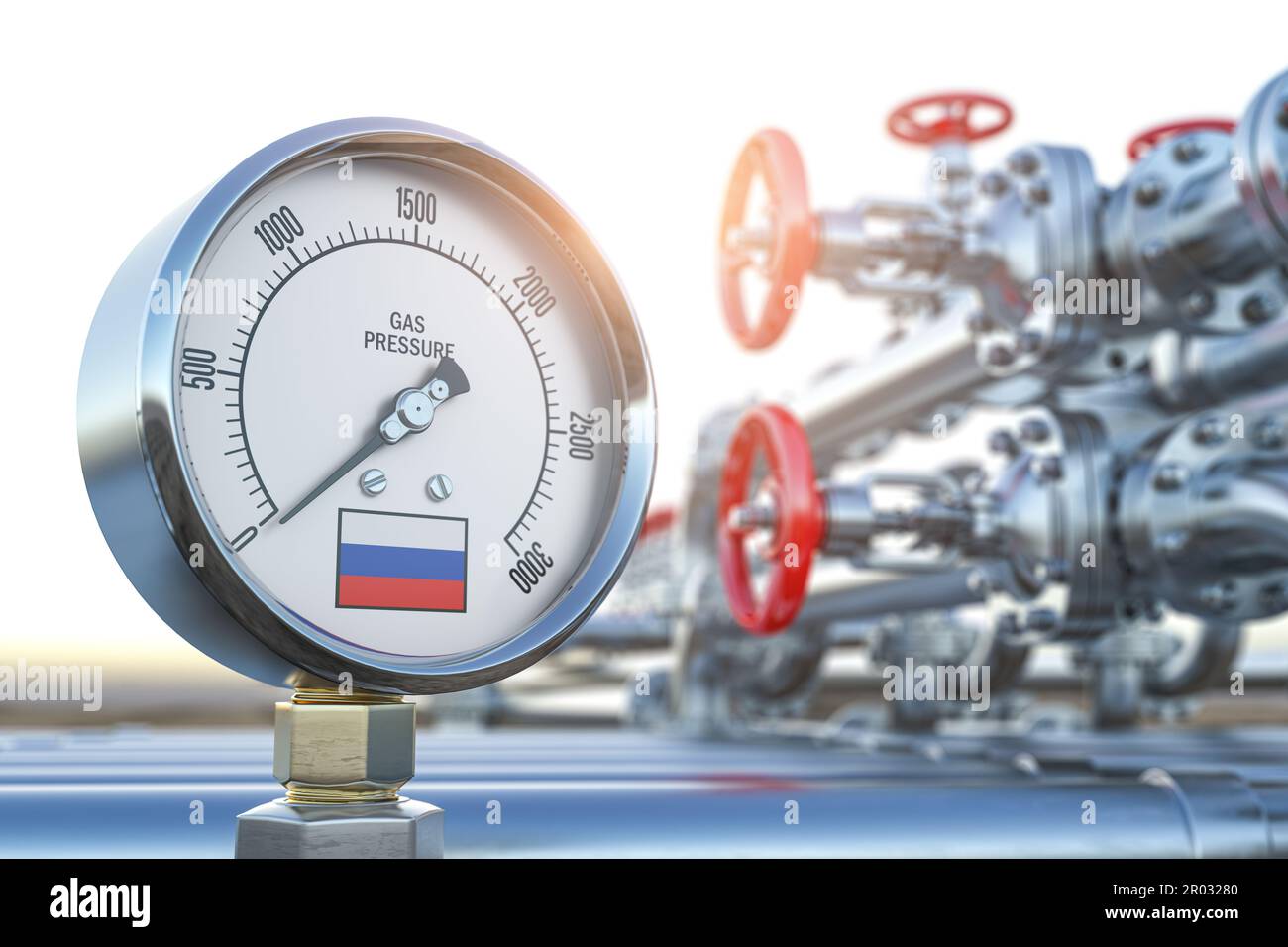 Gasdotto con indicatore con bandiera russa e pressione zero. Crisi energetica e concetto di azioni. illustrazione 3d Foto Stock