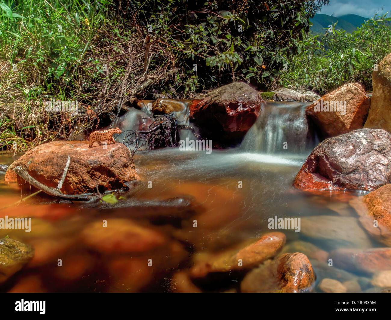 Fotografia a lunga esposizione di una figurina di animali di legno artigianale su una roccia al bordo di un torrente vicino alla città di la Palma nelle Ande centrali Foto Stock