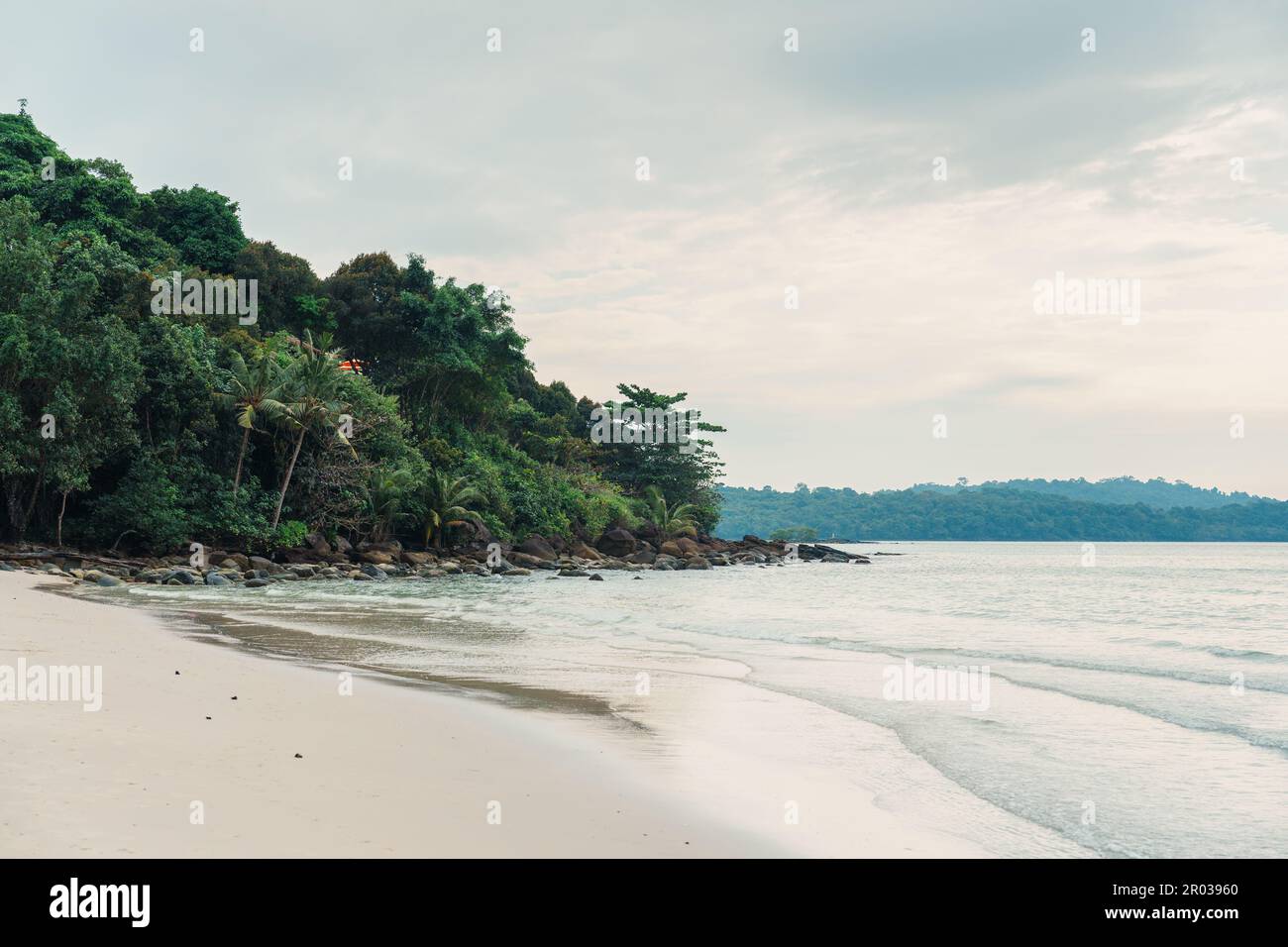 Mare tropicale con la spiaggia e la foresta in giornata Foto Stock