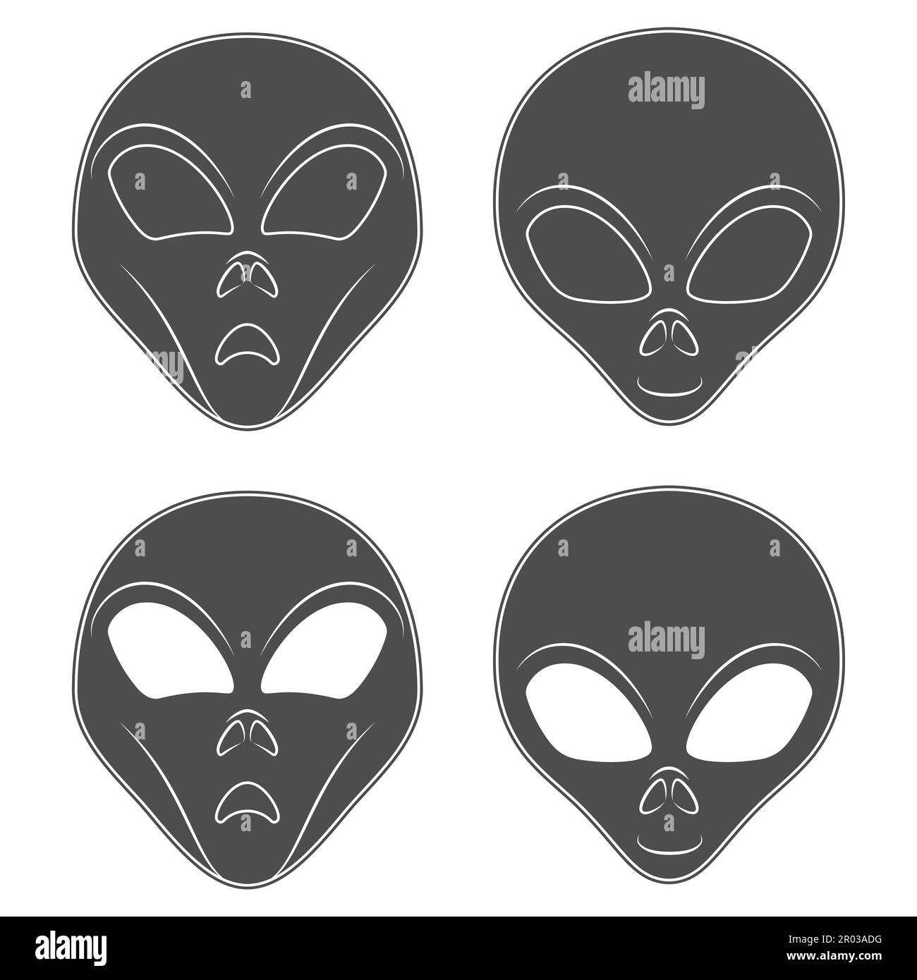 Set di illustrazioni in bianco e nero con volto alieno. Oggetto vettoriale isolato su sfondo bianco. Illustrazione Vettoriale