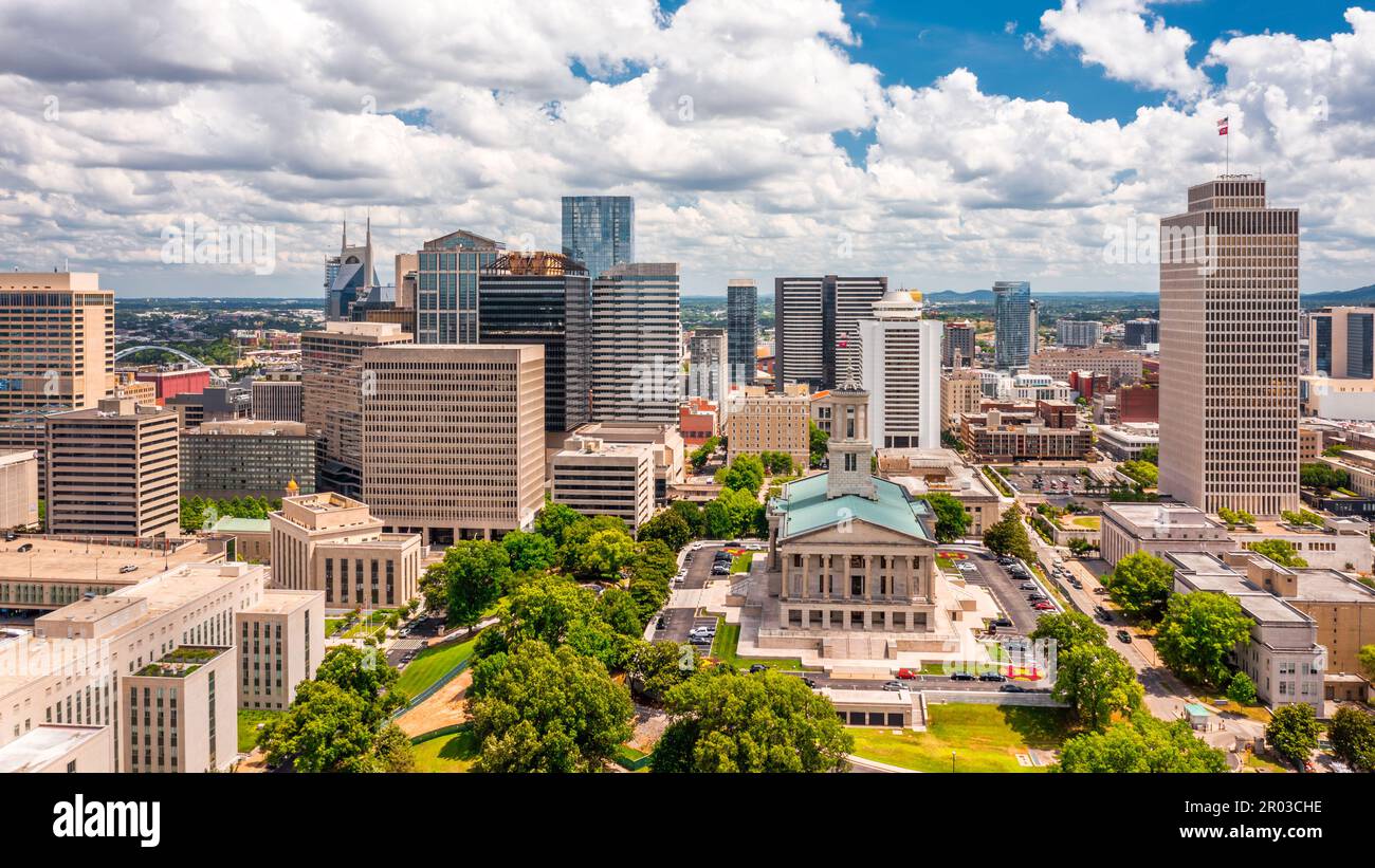 Vista aerea del Campidoglio di Nashville e dello skyline Foto Stock