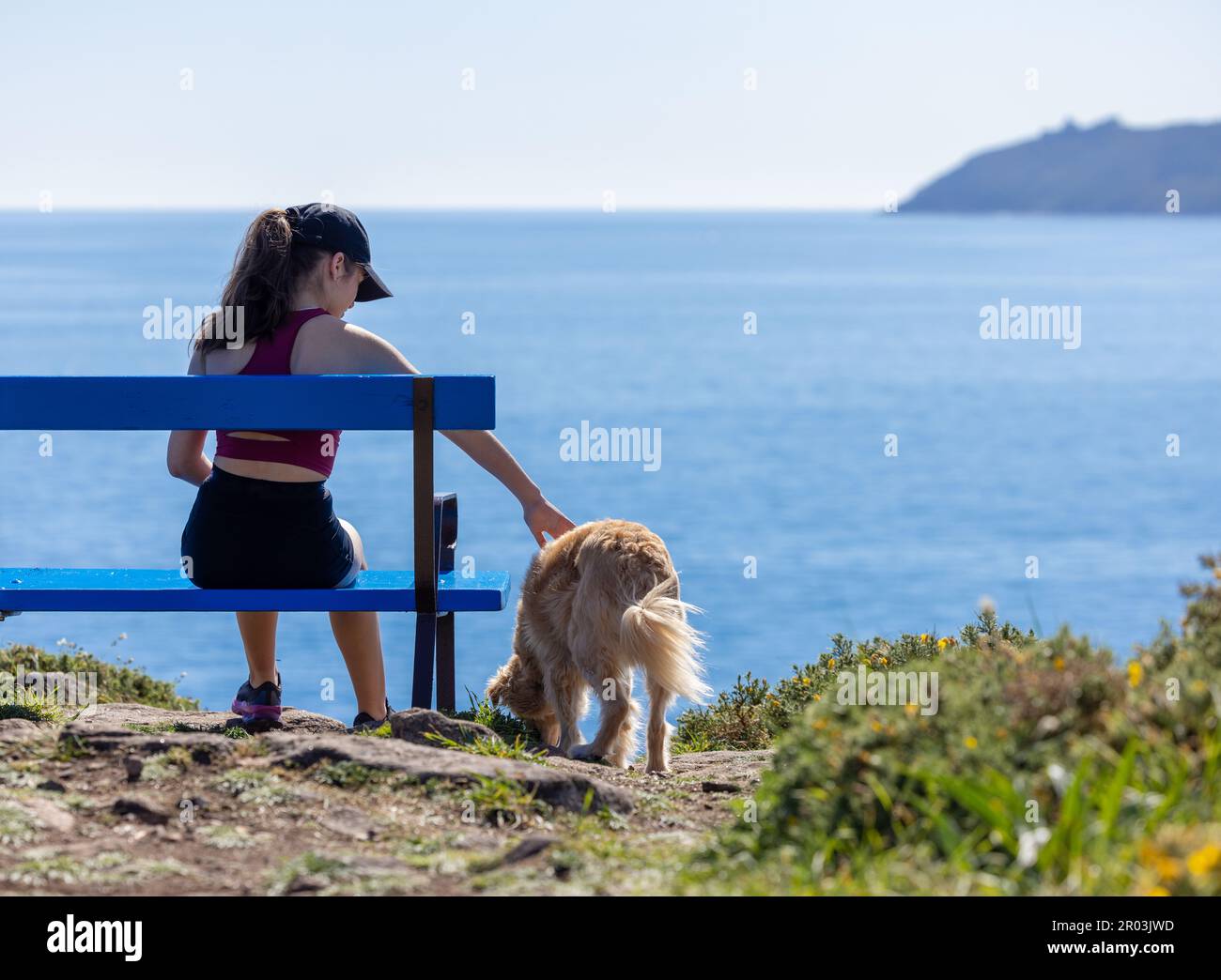 Ragazza con cane su una panchina blu con il mare blu e Capo Finisterre sullo sfondo Foto Stock
