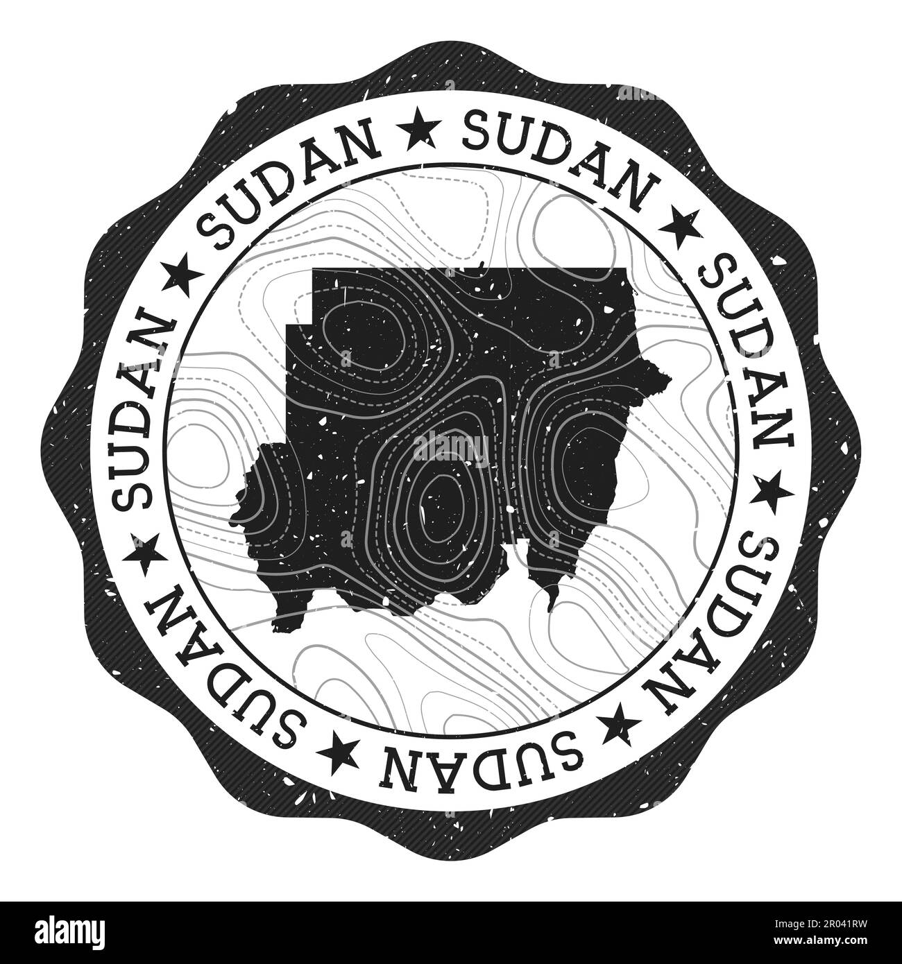 Francobollo all'aperto del Sudan. Adesivo rotondo con mappa del paese con isoline topografiche. Illustrazione vettoriale. Illustrazione Vettoriale