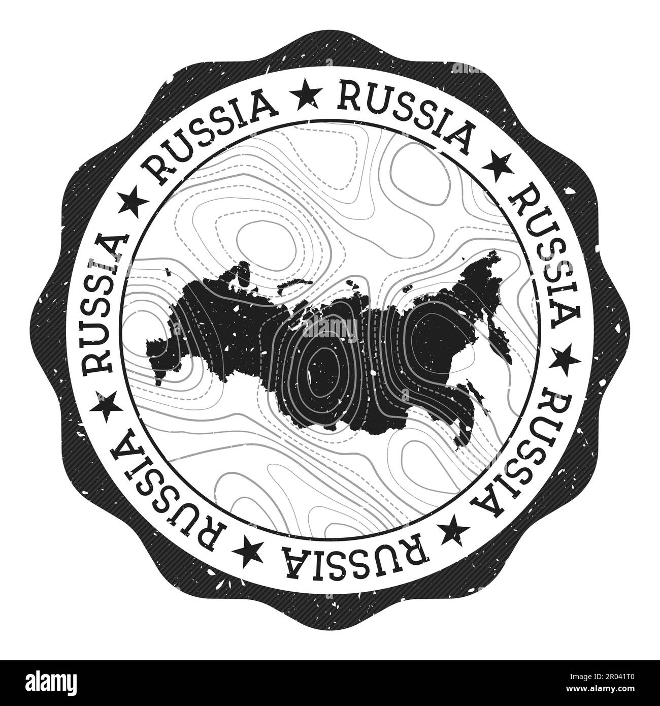Francobollo per esterni Russia. Adesivo rotondo con mappa del paese con isoline topografiche. Illustrazione vettoriale. Illustrazione Vettoriale
