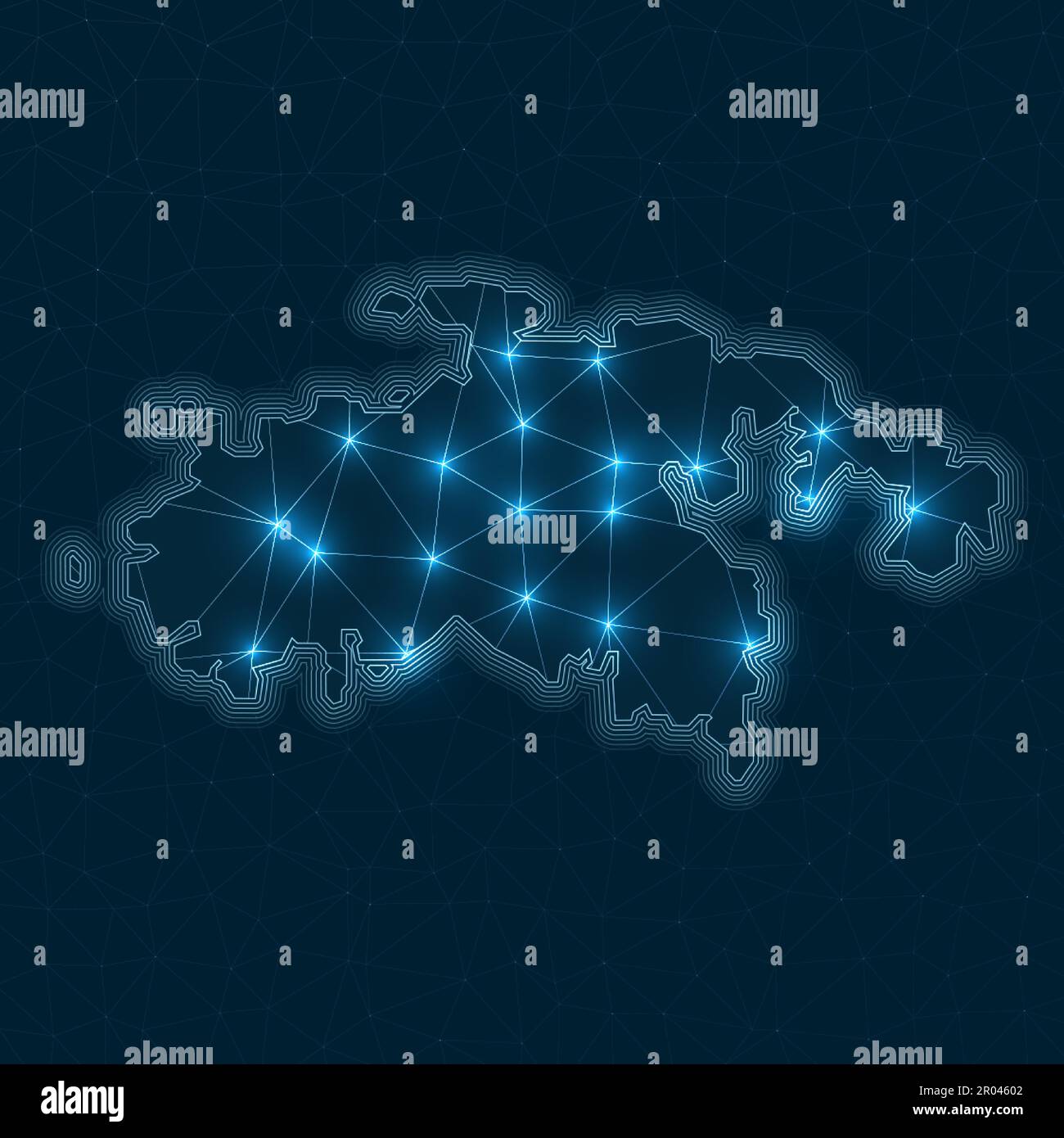 Mappa della rete Saint John. Mappa geometrica astratta dell'isola. Progettazione di connessioni digitali e telecomunicazioni. Rete Internet luminosa. Illustrazione Vettoriale