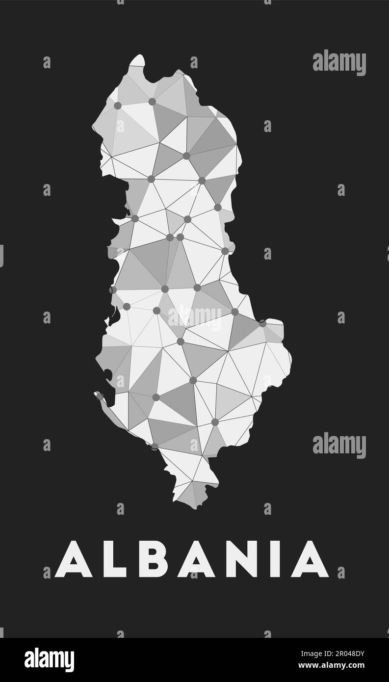 Albania - mappa della rete di comunicazione del paese. Albania design geometrico alla moda su sfondo scuro. Tecnologia, internet, rete, telecomunicazioni c Illustrazione Vettoriale