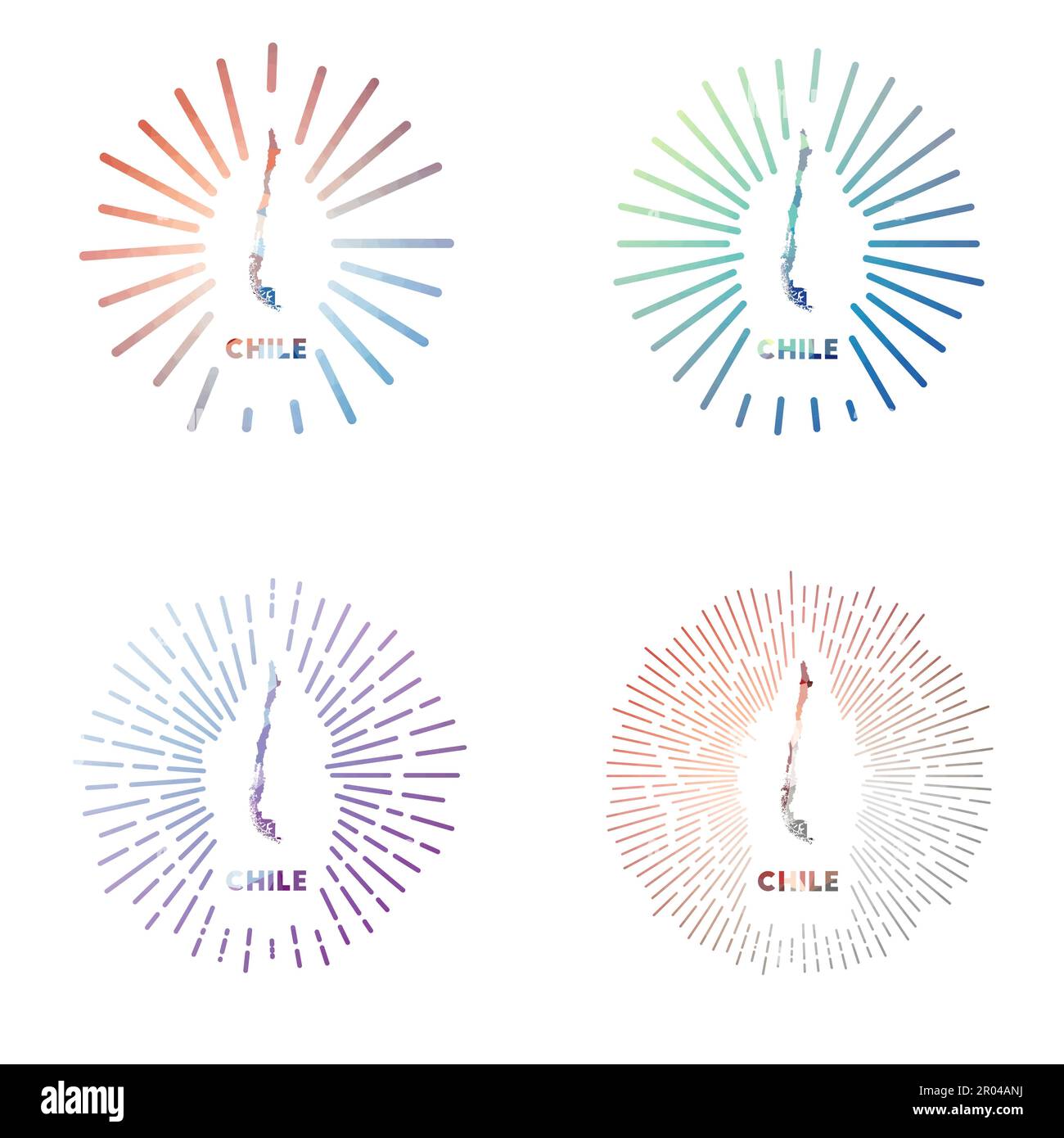 Cile basso Poly sunburst set. Logo di paese in stile poligonale geometrico. Illustrazione vettoriale. Illustrazione Vettoriale