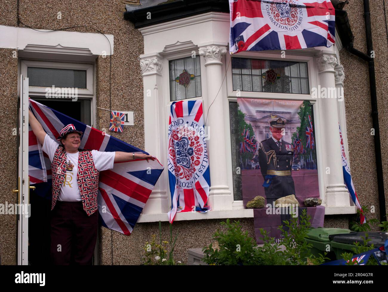 Casa decorata per Coronation Day - 6 maggio 2023 - in Abbey Wood, sud-est di Londra, Regno Unito Foto Stock