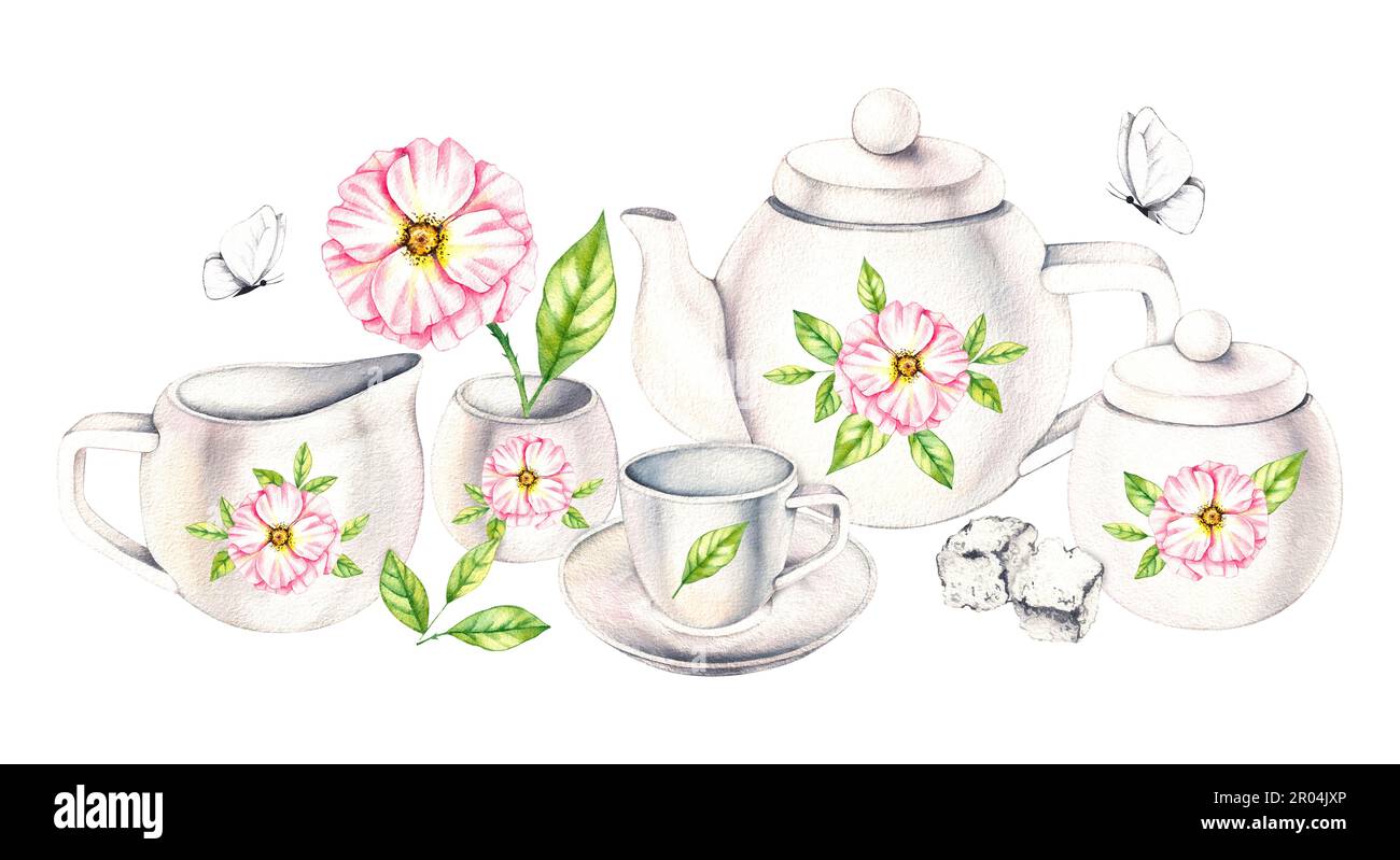 Acquerello composizione di piatti di porcellana, fiori, mazzi, farfalle su bianco. Illustrazione isolata per la progettazione di menu, ristorante, imballaggio, coo Foto Stock