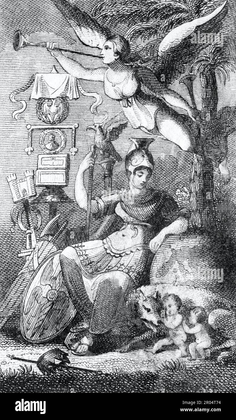 La dea Roma che si affaccia su Romolo e Remo con la personificazione della vittoria di cui sopra, incisa all'inizio del 19th ° secolo. Foto Stock