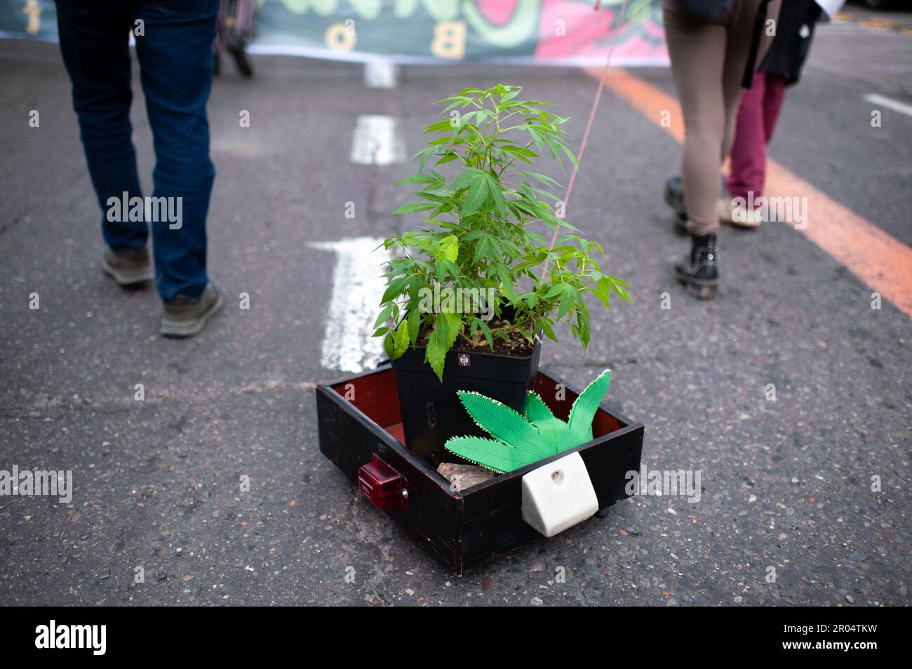 La gente dimostra per la legalizzazione della cannabis a Bogotà, Colombia, il 6 maggio 2023. Foto di: Chepa Beltran/Long Visual Press Foto Stock