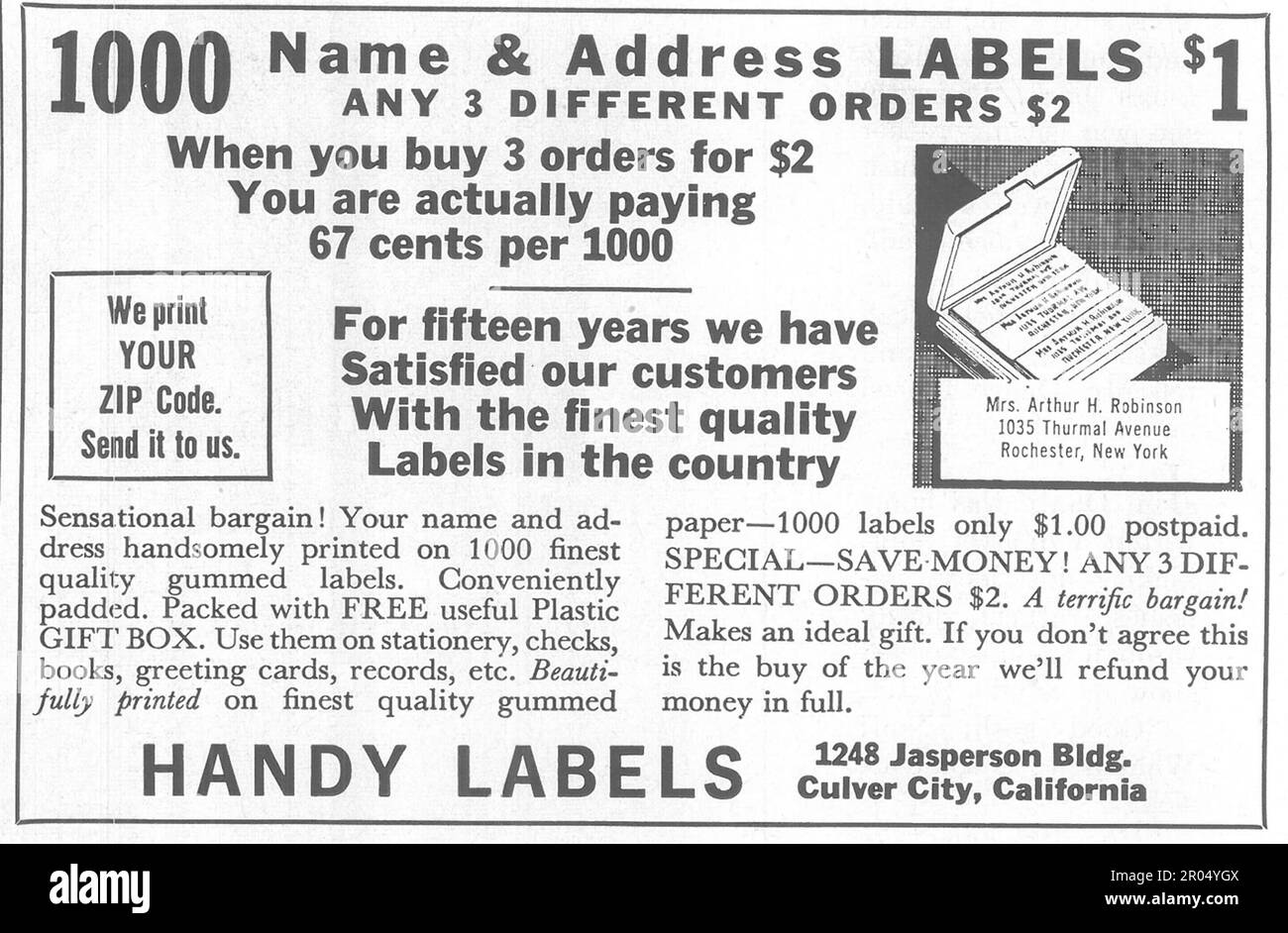 Etichette pratiche stampa l'annuncio di indirizzo stampato in una rivista Journal, 1965 Foto Stock
