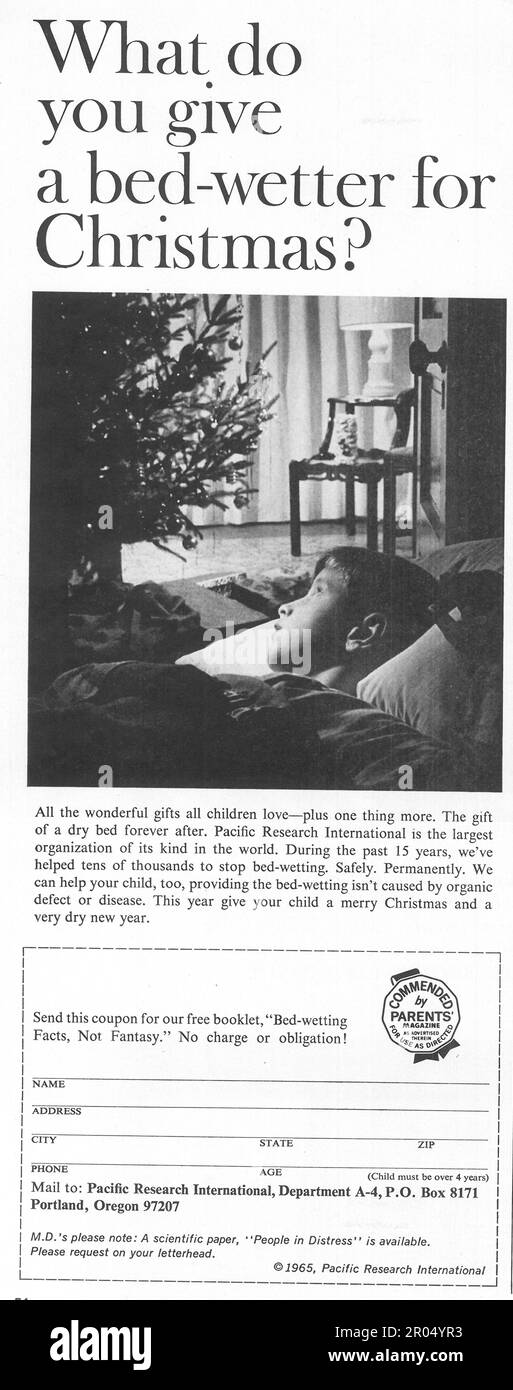 Bed-wetting Facts depliant advert, Pacific Research International Organisation advert in a Journal magazine, dicembre 1965 Foto Stock