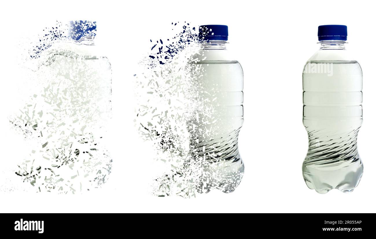 Set con bottiglie di acqua che svaniscono su sfondo bianco. Decomposizione dell'inquinamento plastico, progettazione di striscioni Foto Stock