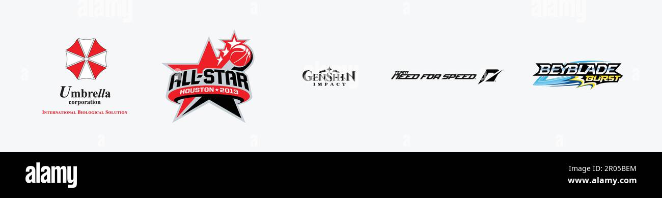 Logo Team Need for Speed, logo Beyblade Burst, logo NBA All-Star Game 2013, logo ombrello, logo Genshin Impact. Illustrazione del logo vettoriale del gioco. Illustrazione Vettoriale